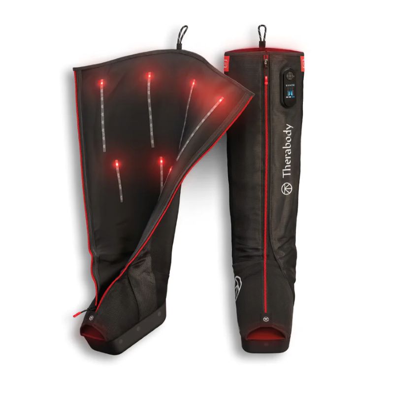Black and red heated leg wraps with visible Therabody branding on a white background