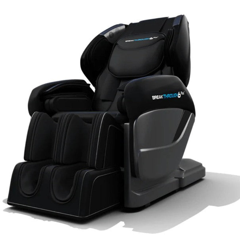 Black massage chair with 'Breakthrough 6 Plus' branding on a white background
