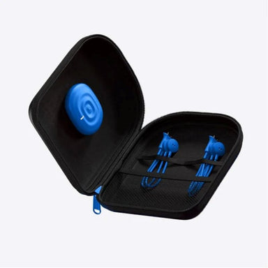 Black travel case with blue earbuds and accessories on a white background