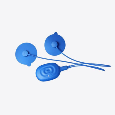 Blue silicone earbud covers on a light gray background