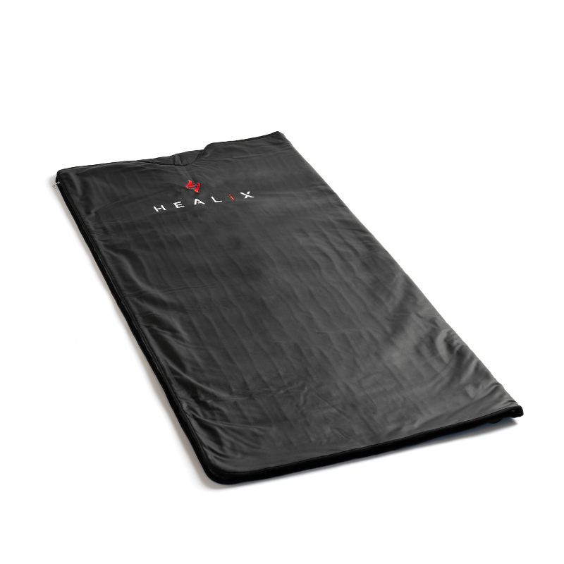Black heating pad with 'HEALIX' branding on a white background