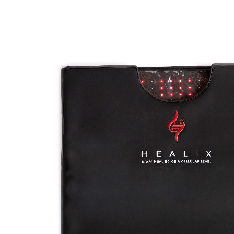 Black device with HEALIX logo and red LED lights on a white background