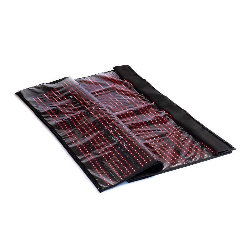 Black mat with red LED lights on a white background