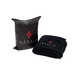 Black pillow and folded blanket with HEALIX logo on a white background