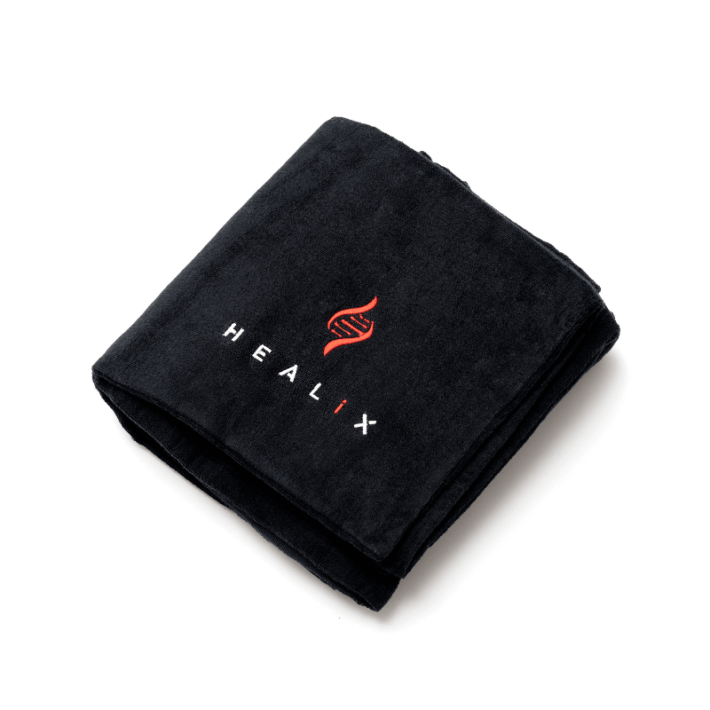 Black towel with HEALIX logo on a white background