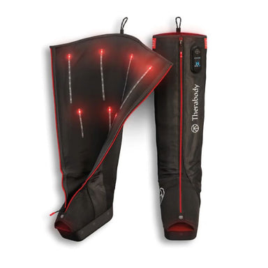 Black and red heated leg wraps with visible Therabody branding on a white background