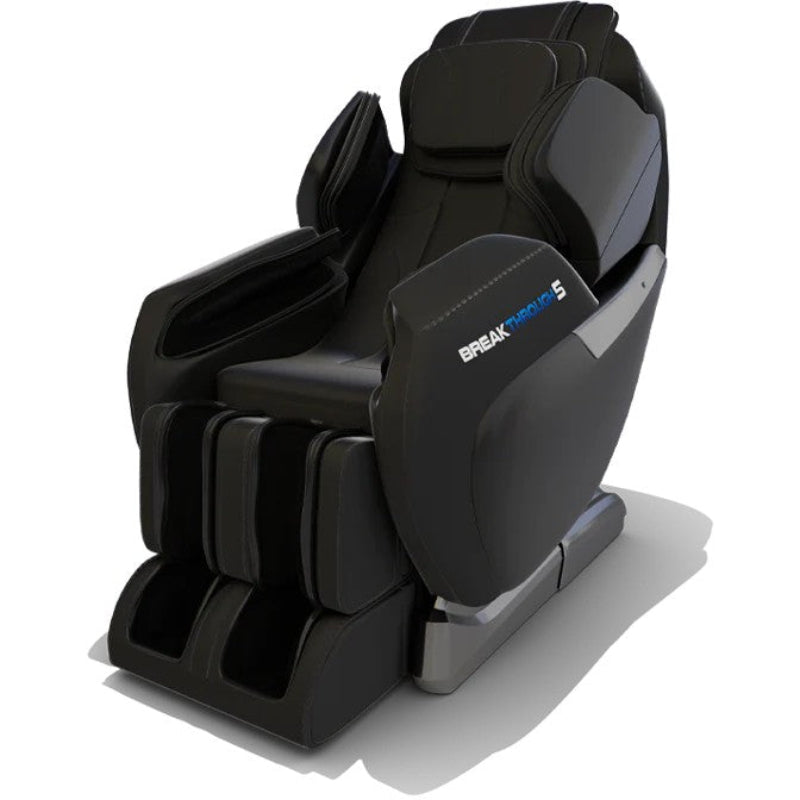 Black massage chair with 'Breakthrough' branding on a white background