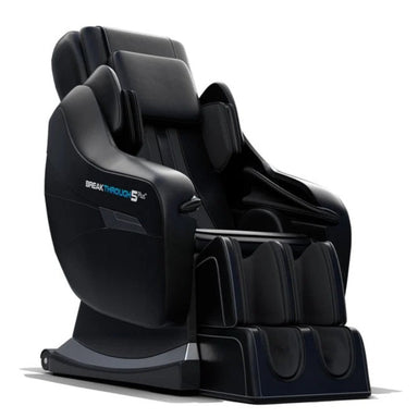Black massage chair with 'Breakthrough 5 Plus' branding on a white background