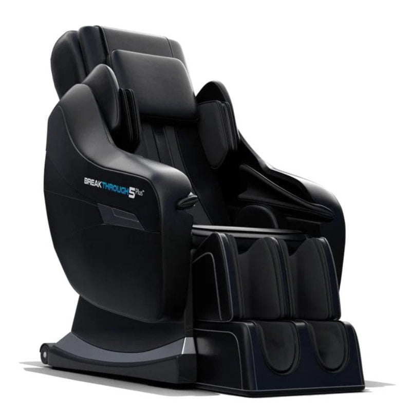 Black massage chair with 'Breakthrough 5 Plus' branding on a white background