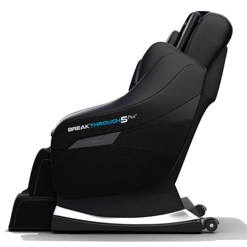 Black massage chair with 'Breakthrough 5 Plus' branding on a white background