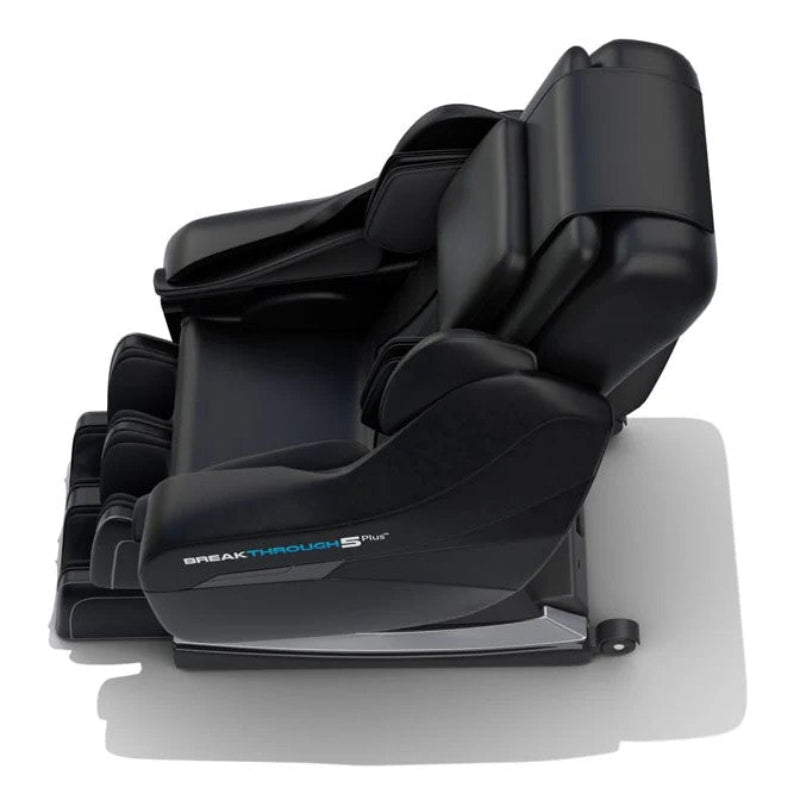 Black massage chair with 'Breakthrough Plus' branding on a white background