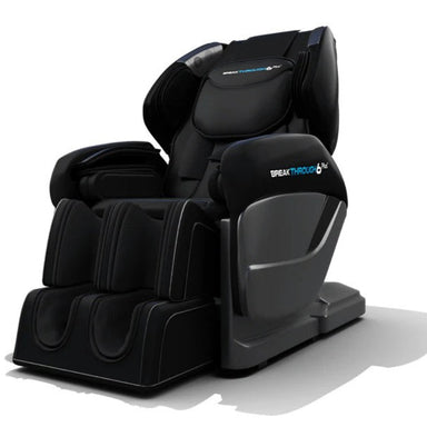 Black massage chair with 'Breakthrough 6 Plus' branding on a white background