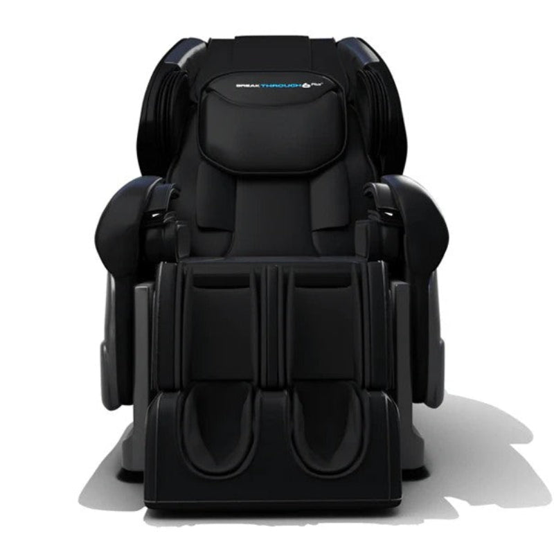 Black massage chair with brand logo on a white background
