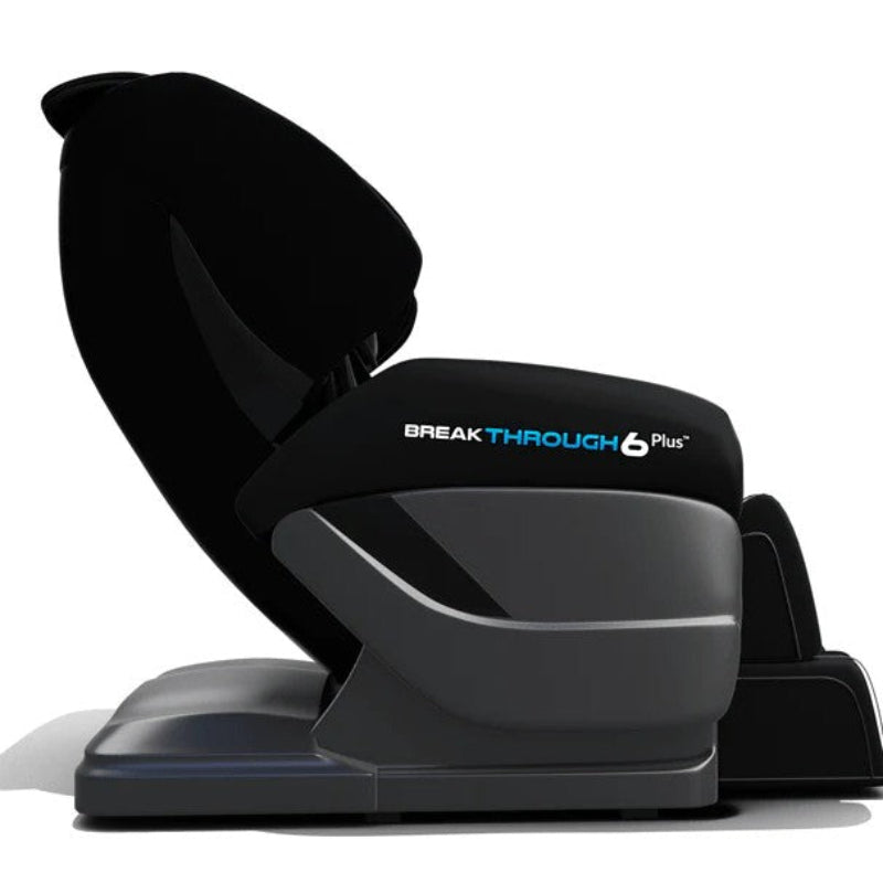 Black massage chair with 'Breakthrough 6 Plus' branding on a white background