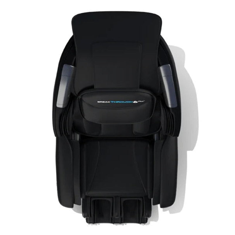 Black massage chair with visible branding on a white background
