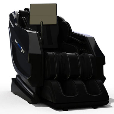 Black massage chair with a screen on a white background