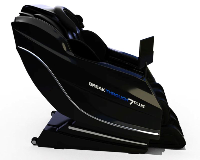 Black massage chair with 'Break Through 7 Plus' branding on a white background