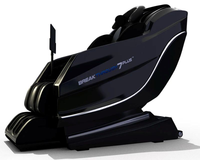 Black massage chair with 'Breakthrough 7 Plus' branding on a white background