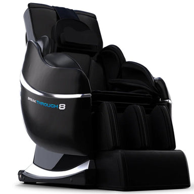 Black massage chair with 'Breakthrough 8' branding on a white background