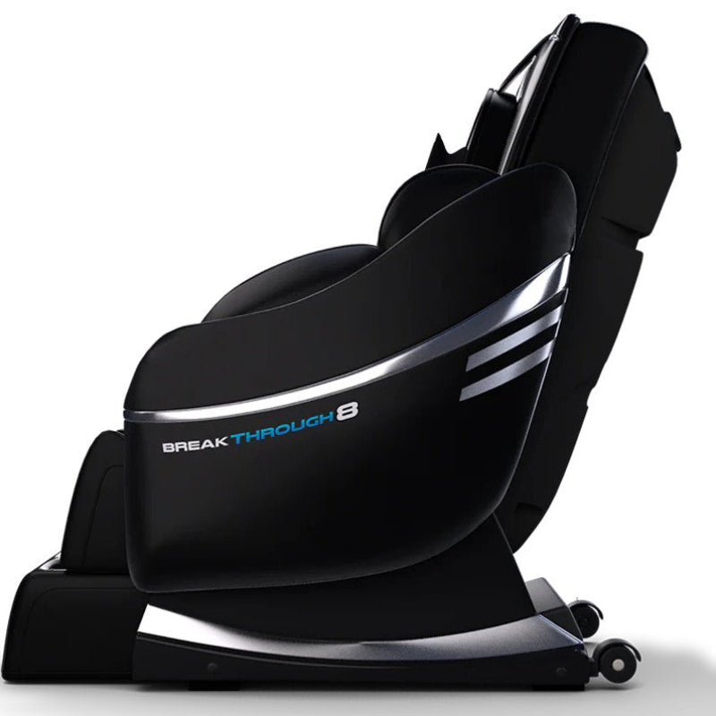 Black massage chair with 'Breakthrough' branding on a white background