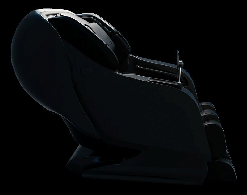 Black massage chair with reclined position on a black background