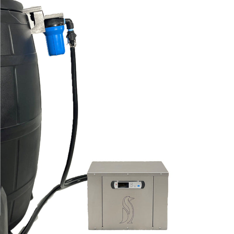 Penguin Chillers Ice Barrel Package Chiller next to barrel