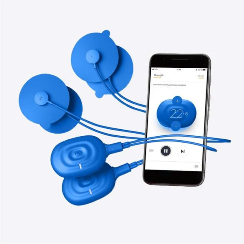 Blue tens devices with a smartphone displaying a temperature app on a white background