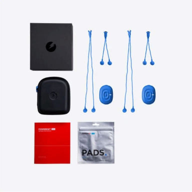 Collection of fitness or health products including a black box, case, and blue straps on a white background.
