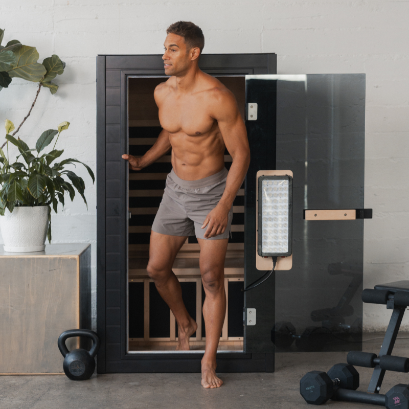 SaunaBox® Solara: Full Spectrum Infrared Sauna man stepping out