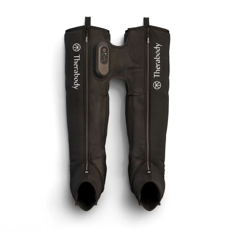 Pair of black compression leg sleeves with Therabody branding on a white background