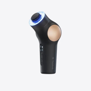 Black handheld device with blue light on a white background