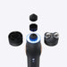 Black handheld device with multiple attachments on a white background