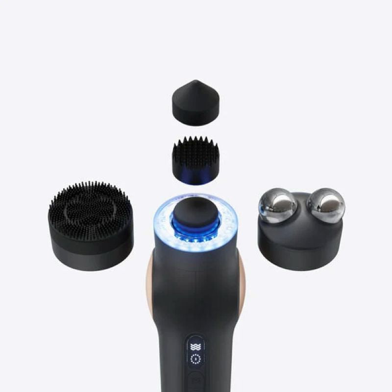 Black handheld device with multiple attachments on a white background
