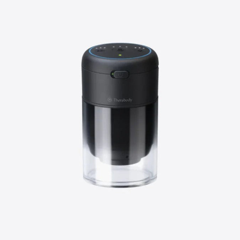 Black and clear container with Therabody branding on a white background