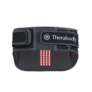 Black Therabody belt with LED lights on a white background