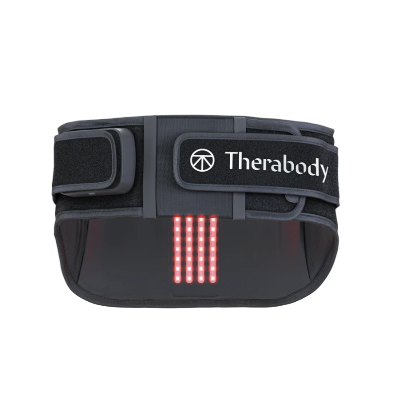 Black Therabody belt with LED lights on a white background