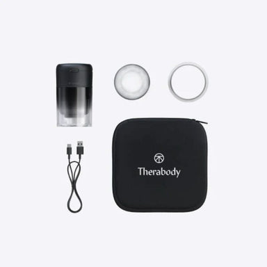 Therabody product set with black case, gradient container, and accessories on a white background
