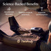 Person using a Therabody device with text highlighting science-backed benefits on a blurred background
