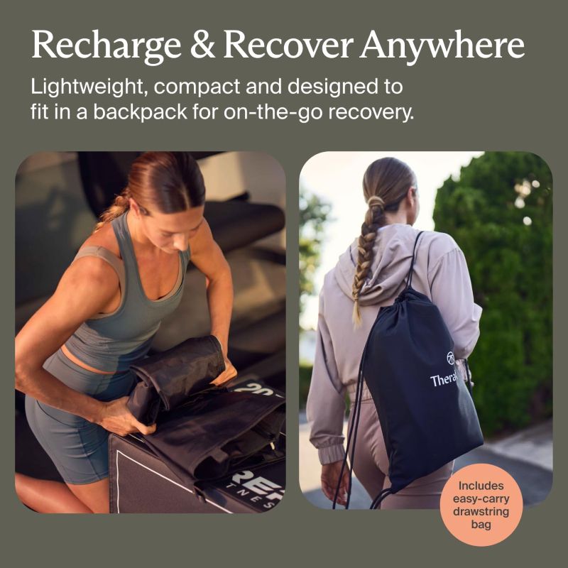 Product advertisement showing a person using a recovery device and another person with a backpack, with text about portability and ease of use.