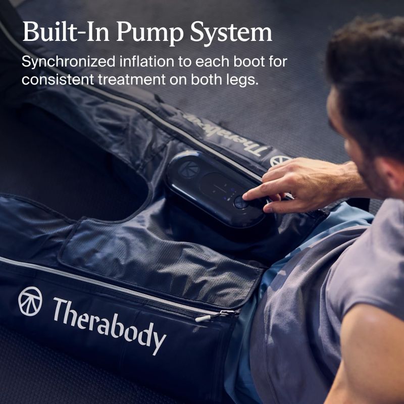 Person using Therabody compression boot with built-in pump system