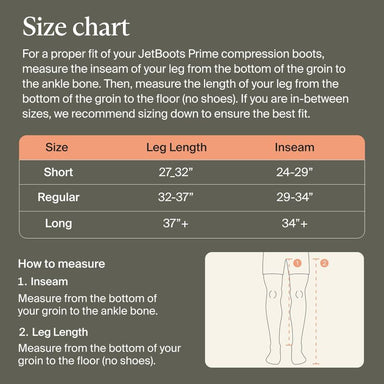 Size chart for JetBoots Prime compression boots with measurement instructions.