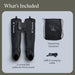 Therabody JetBoots Prime boots with drawstring backpack and USB-C charging cable on a gray background