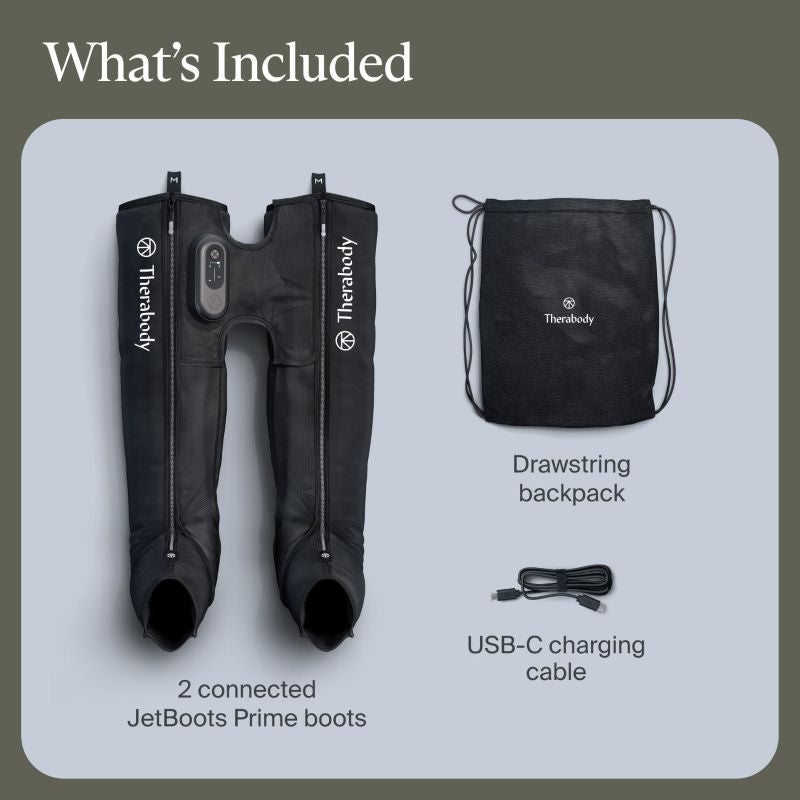 Therabody JetBoots Prime boots with drawstring backpack and USB-C charging cable on a gray background