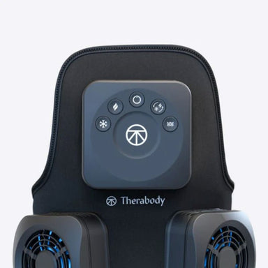 Black Therabody massage device with control panel on a light gray background