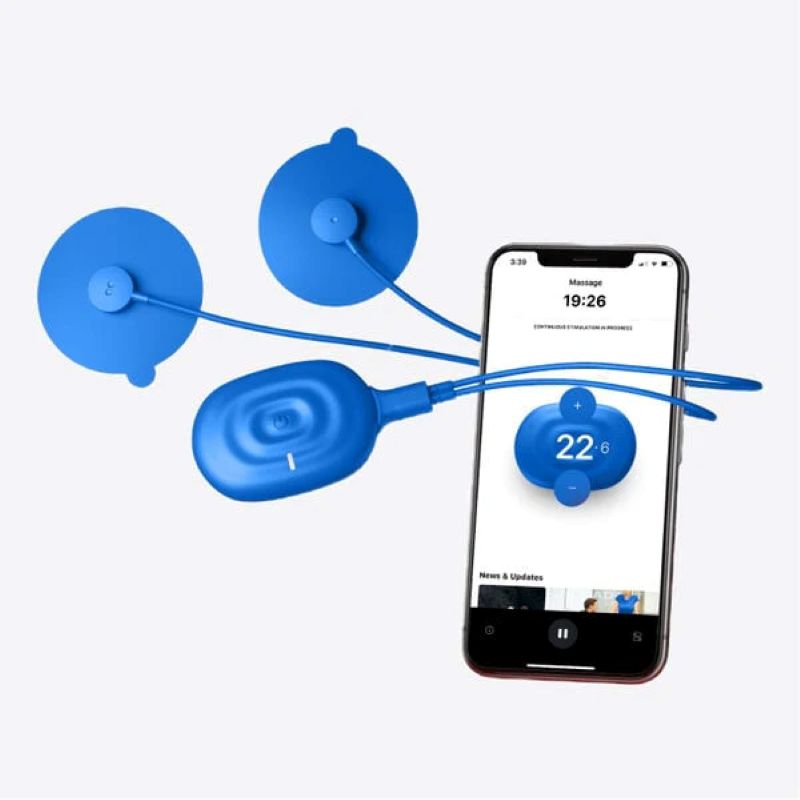 Blue temperature sensors connected to a smartphone displaying temperature readings.