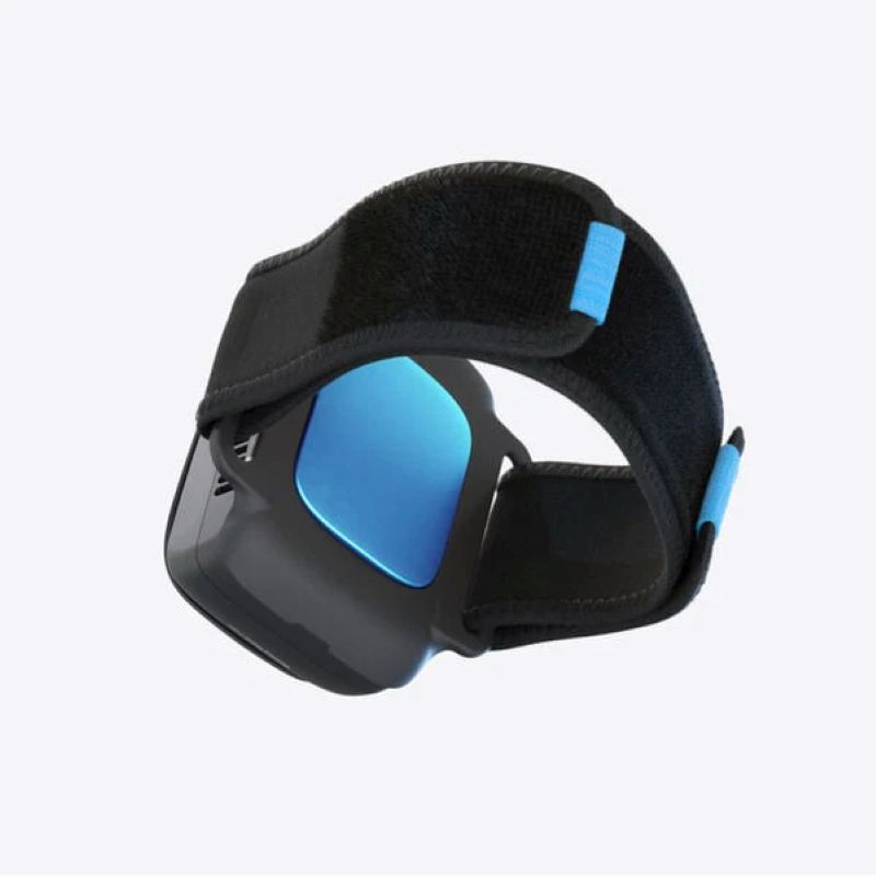 Black and blue wristband on a light gray background