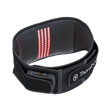 Black Therabody belt with red LED lights on a white background