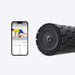 Foam roller next to a smartphone displaying a fitness app on a white background
