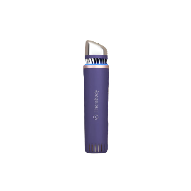 Purple handheld device with silver top on a white background