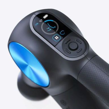 Black handheld device with blue light on a white background